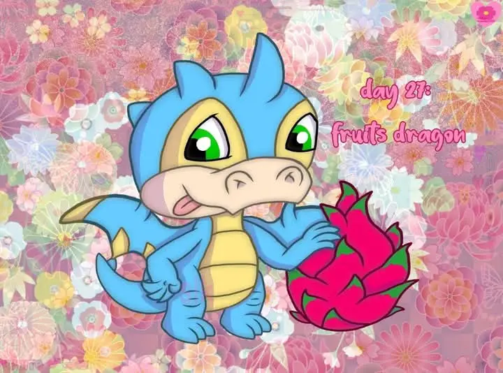 A cartoon blue dragon with green eyes and a yellow belly holds a pink dragon fruit against a colorful floral background…