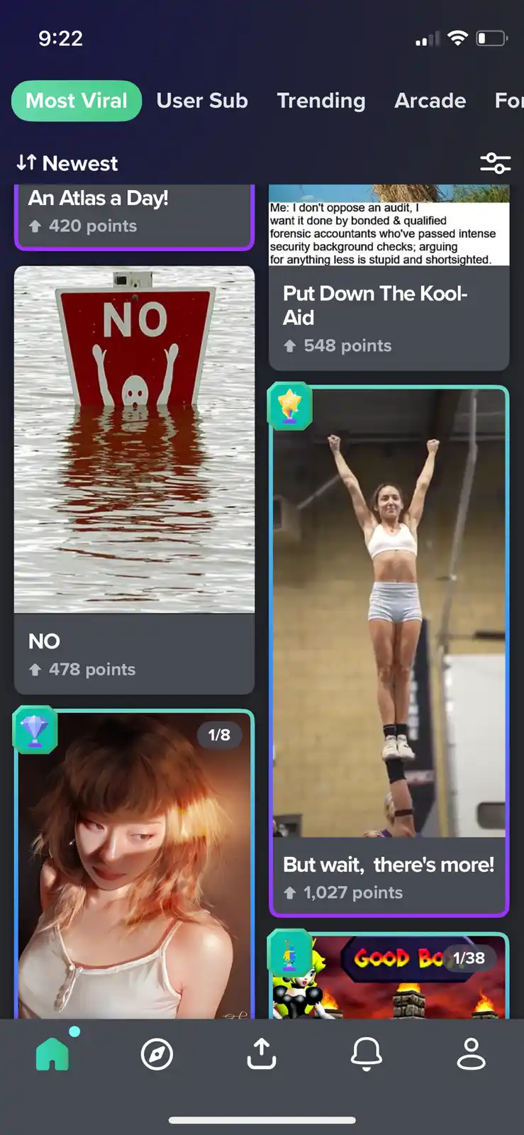 A screenshot of a mobile app interface showing a list of viral posts. One post features a red 'NO' sign partially submerged…