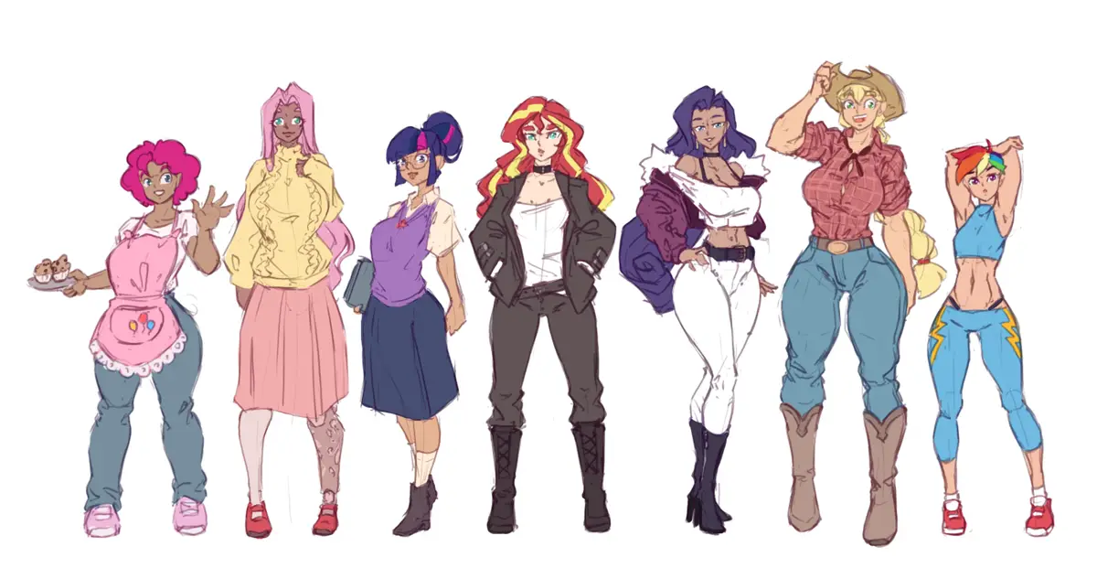 Seven anime-style female characters stand in a row against a white background, each with distinct outfits and poses. From…