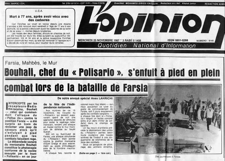 A black-and-white newspaper front page from 'L'Opinion' dated November 25, 1987, featuring a large headline about Bouhali…
