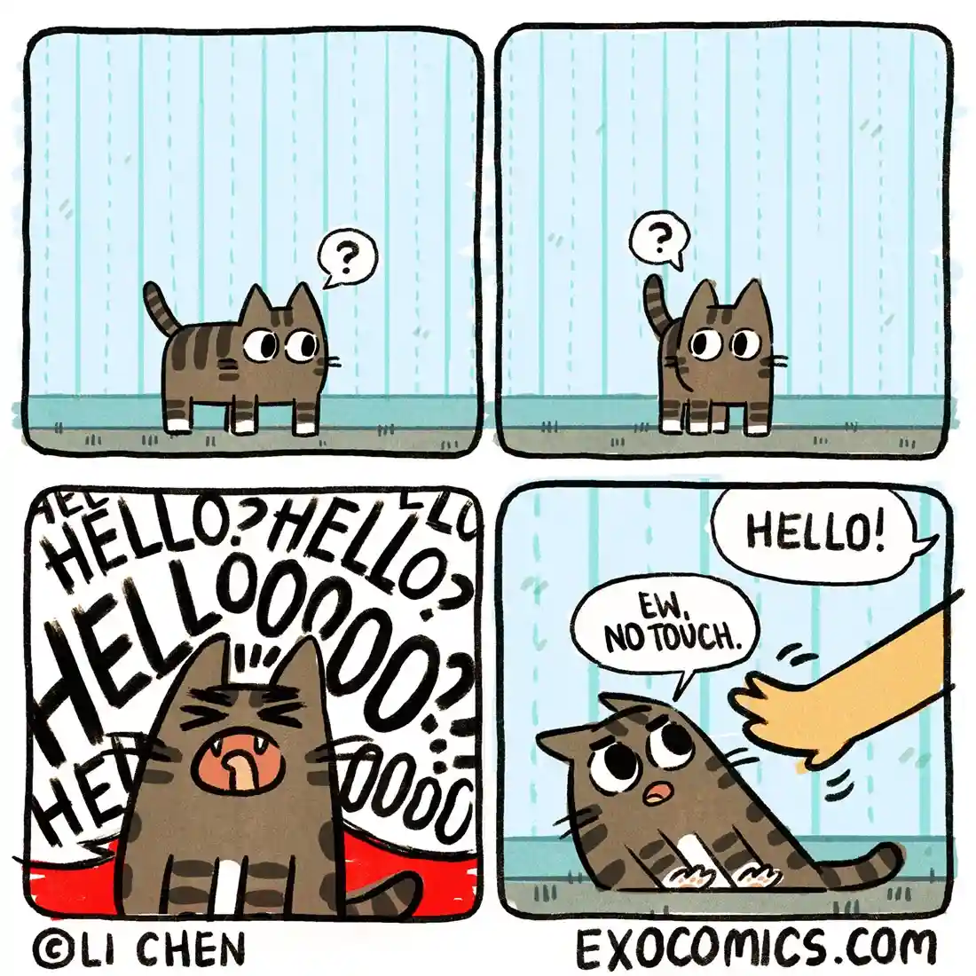A four-panel comic strip shows a brown tabby cat initially confused, then excitedly yelling 'HELLO?' repeatedly as if…