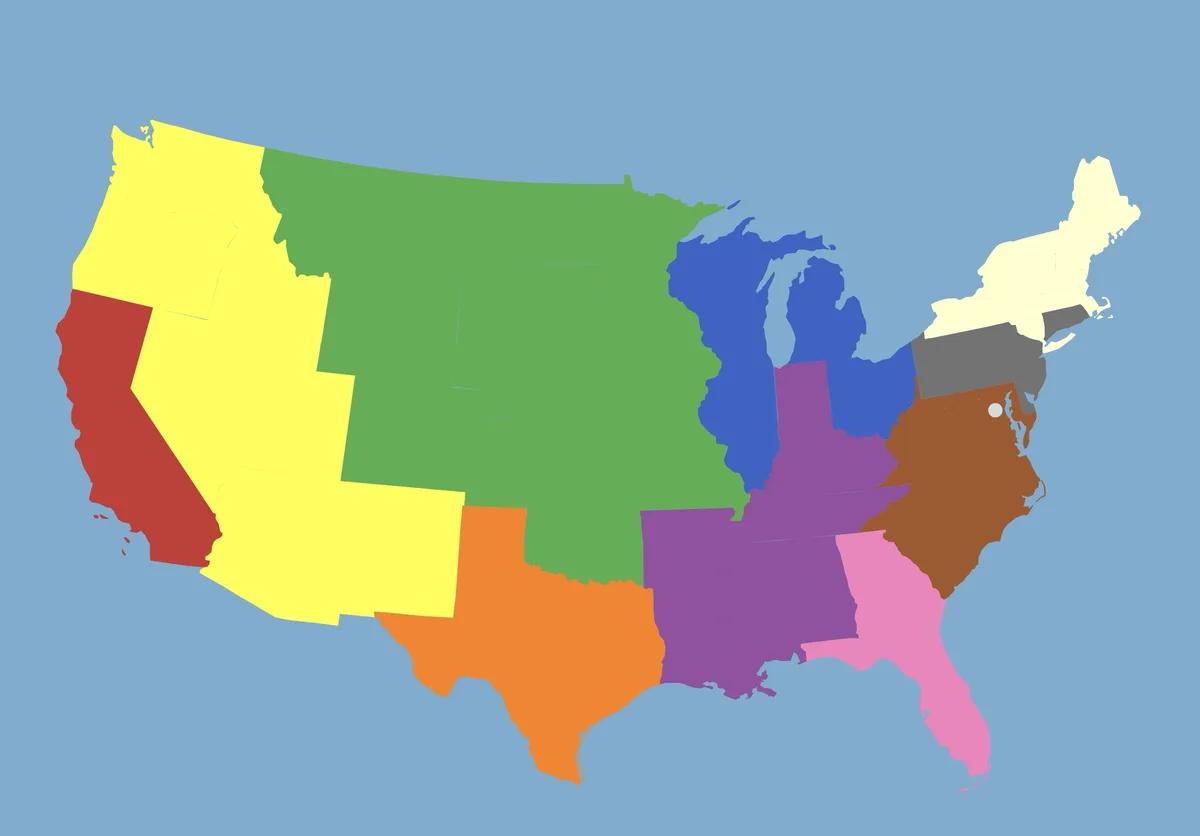 A colorful map of the United States with California highlighted in red, while the rest of the country is divided into…