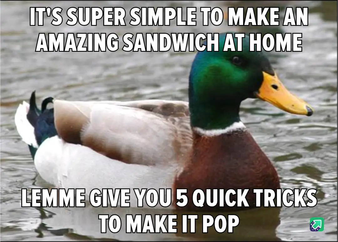 A mallard duck with a green head and yellow beak floats calmly in water, looking slightly smug. White bold text overlaid at…