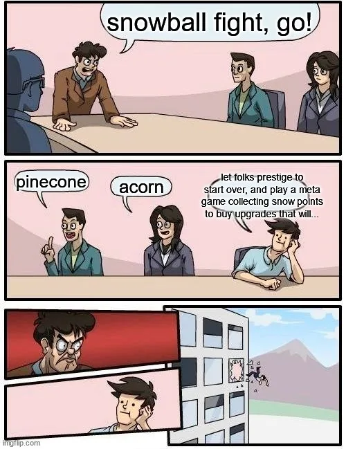 A three-panel comic shows a meeting where someone shouts 'snowball fight, go!' while colleagues discuss 'pinecone' and…