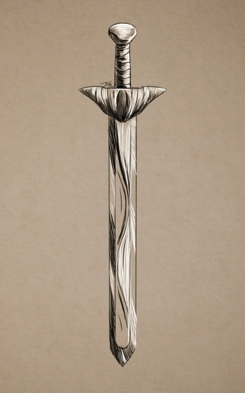 A detailed pencil sketch of a medieval-style sword with a hilt, crossguard, and blade, standing upright against a beige…