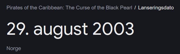 A dark background displays white text stating the Norwegian release date for 'Pirates of the Caribbean: The Curse of the…