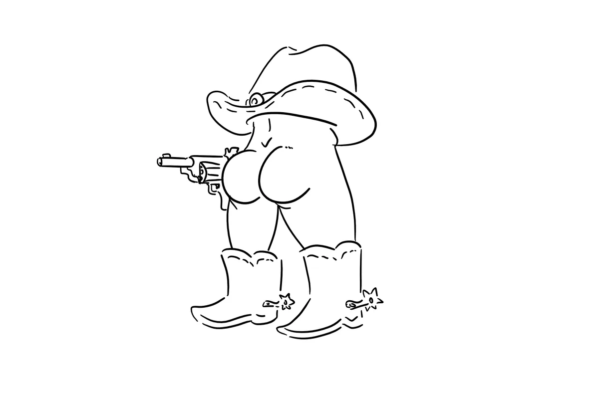 A black-and-white line drawing shows a cartoon cowgirl wearing a cowboy hat, boots with spurs, and holding a revolver…