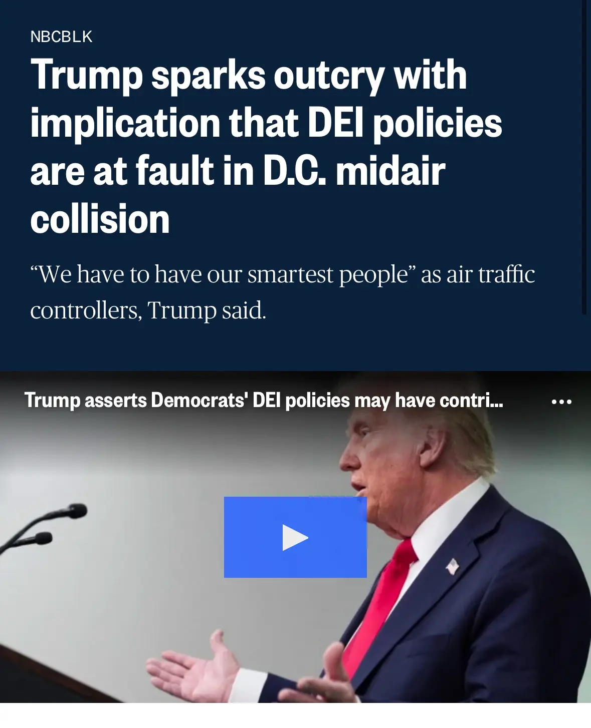 The image shows a screenshot of a news article headline about Donald Trump blaming DEI policies for a D.C. midair collision…
