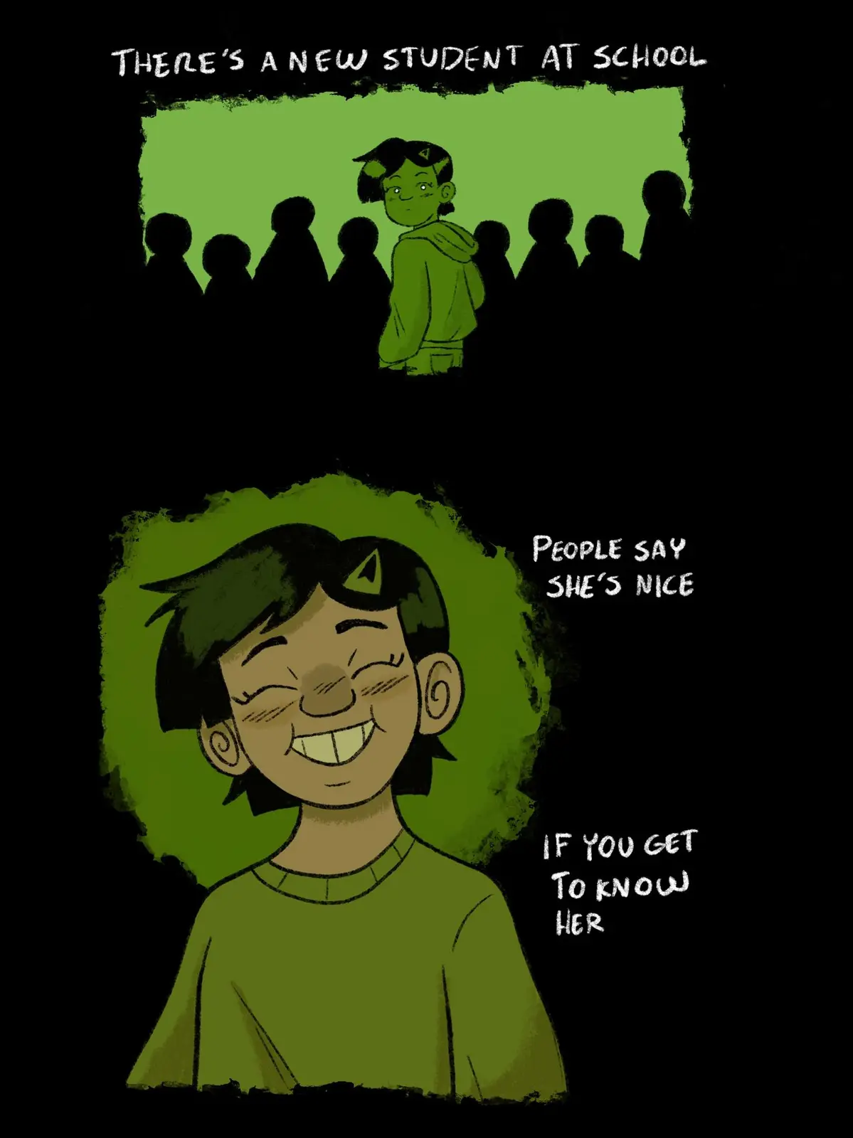 The image is a two-panel comic showing a green-hued character standing alone among silhouetted figures in the top panel…