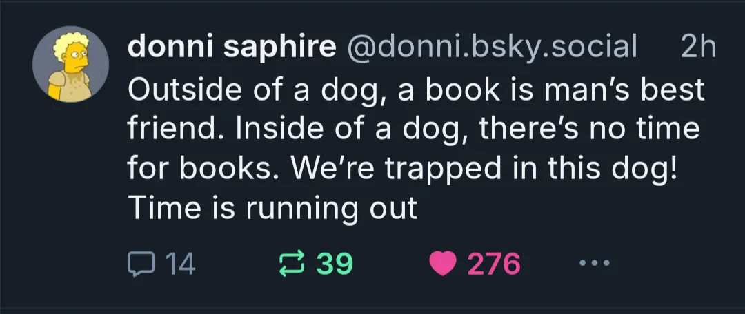A screenshot of a social media post by 'donni saphire' featuring a quote about books and dogs, overlaid on a dark background…