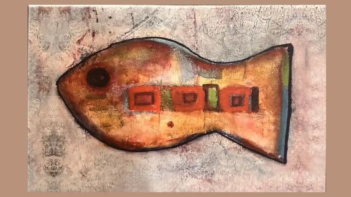 An abstract painting of a fish with a textured, earth-toned body and a row of red and green rectangular shapes along its…
