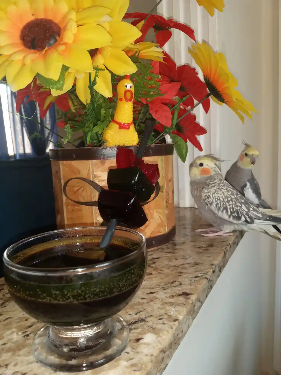 Two cockatiels perch on a countertop next to a glass bowl of dark liquid and a decorative wooden bucket filled with colorful…