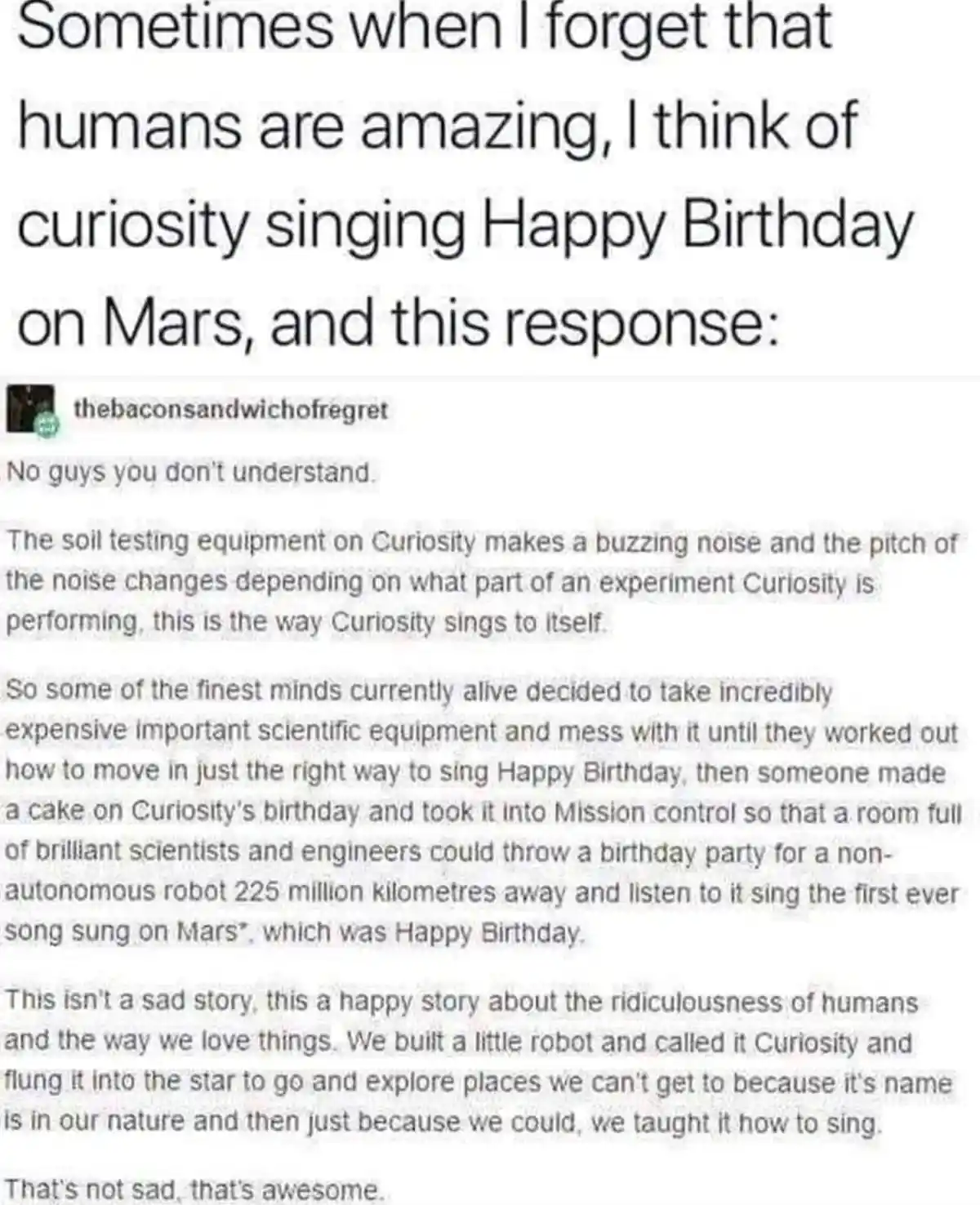 The image displays a screenshot of a Reddit post by user 'thebaconsandwichofregret' explaining how NASA engineers programmed…