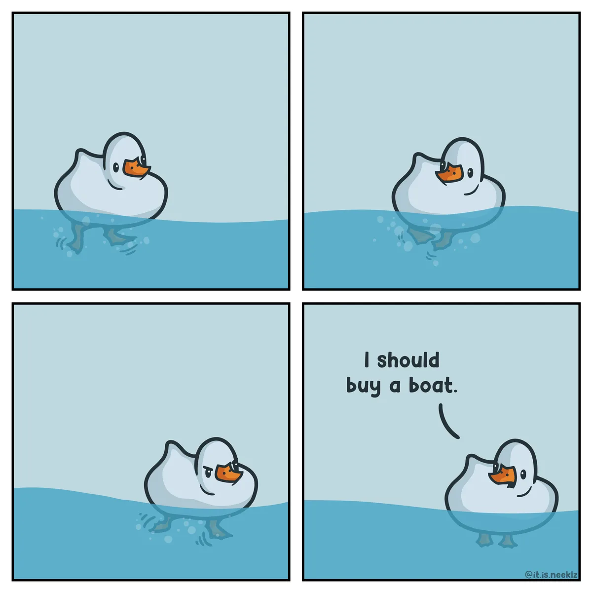 A four-panel comic shows a cartoon duck swimming happily in water, then suddenly sinking, looking distressed, and finally…
