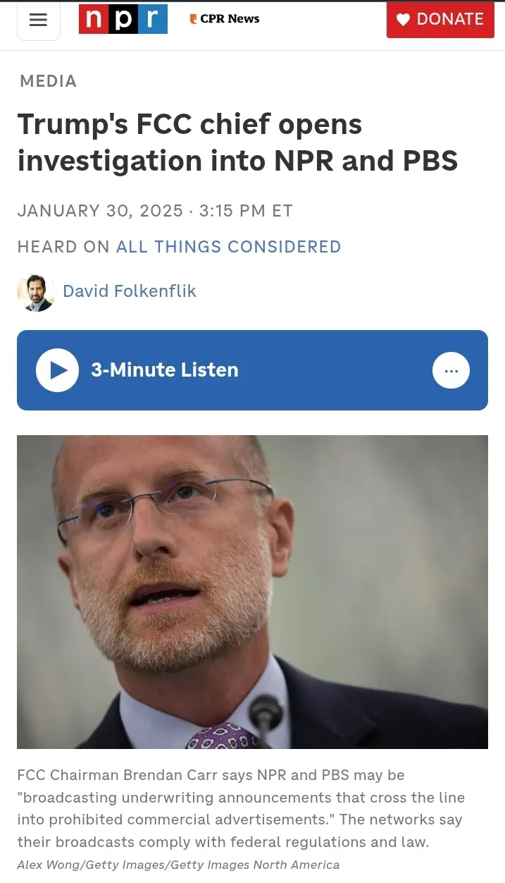 A screenshot of an NPR news article dated January 30, 2025, shows a photo of FCC Chairman Brendan Carr speaking at a…