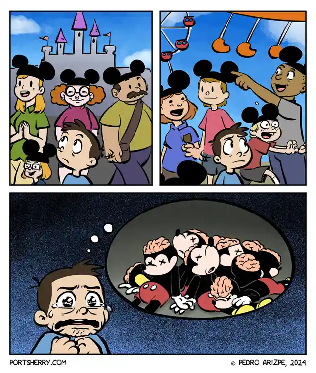 A three-panel comic strip shows a group of people wearing Mickey Mouse ears at a theme park. In the first panel, they stand…