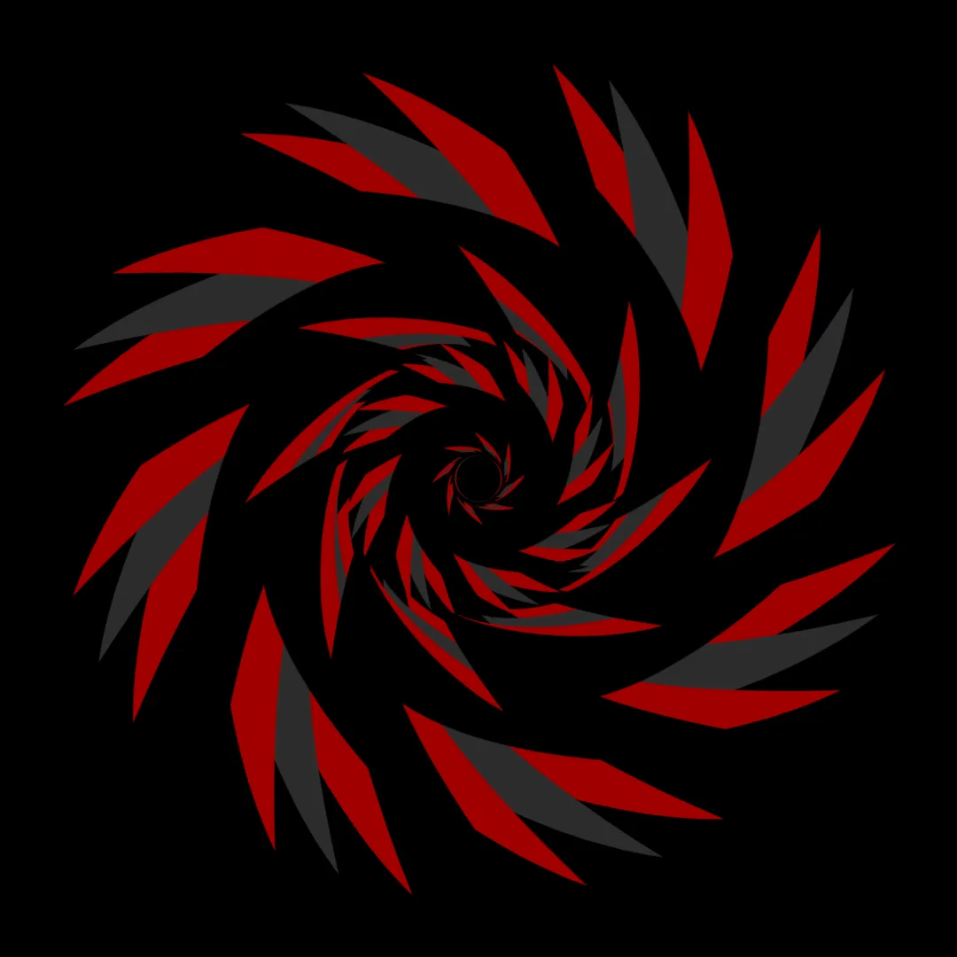 A black background features a swirling pattern of red and dark gray jagged shapes spiraling inward toward a central void…