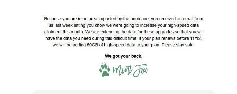 A screenshot of a customer service email from 'Mint Fox' informing users in hurricane-impacted areas about extended data…