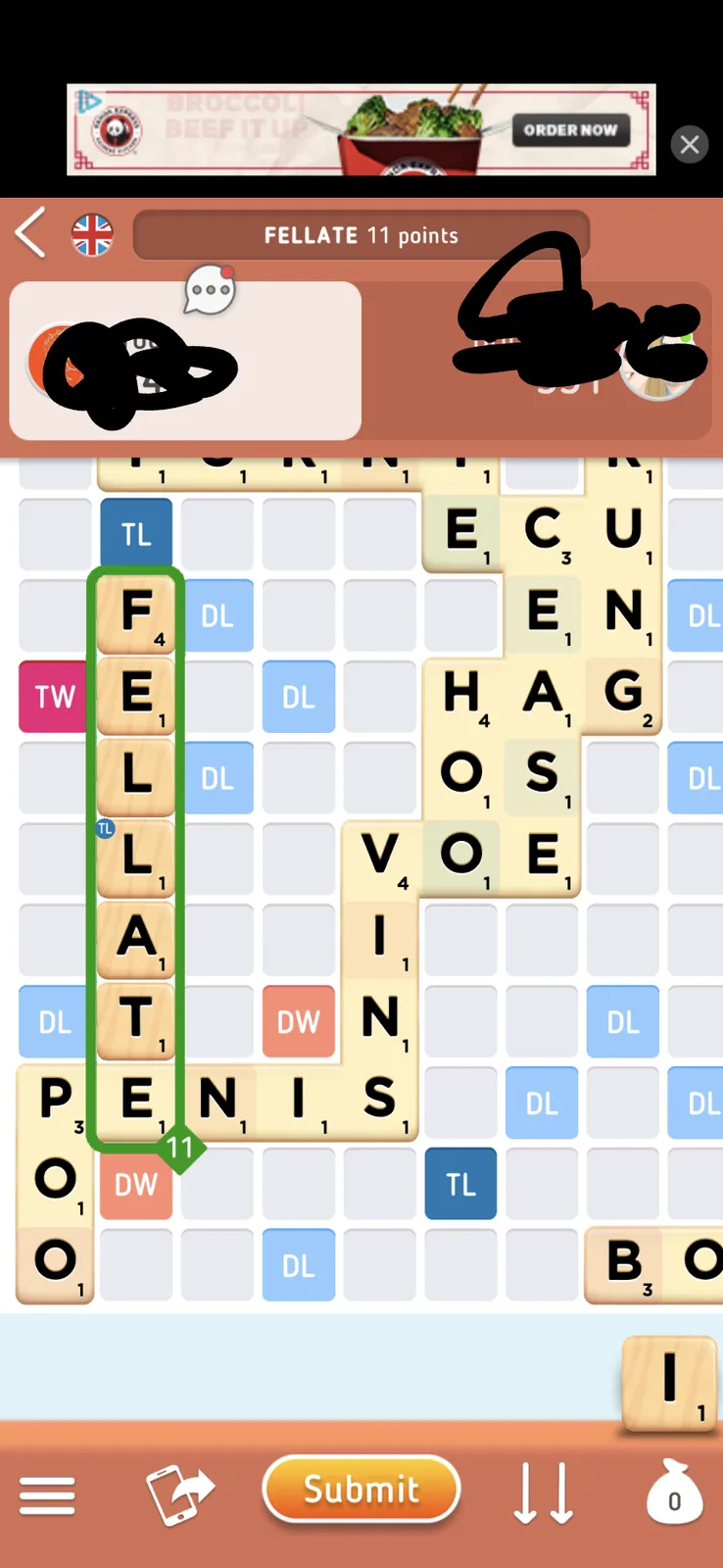 A screenshot of a Scrabble game shows a vertical word 'FELLATE' spelled with letter tiles, highlighted in green, scoring 11…