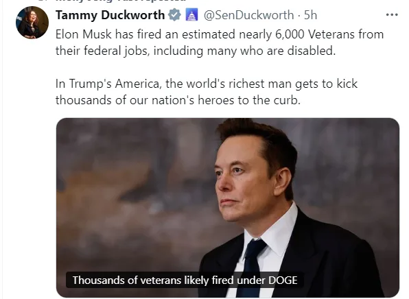 A screenshot of a tweet by Tammy Duckworth showing a photo of Elon Musk looking serious. The tweet discusses Musk firing…