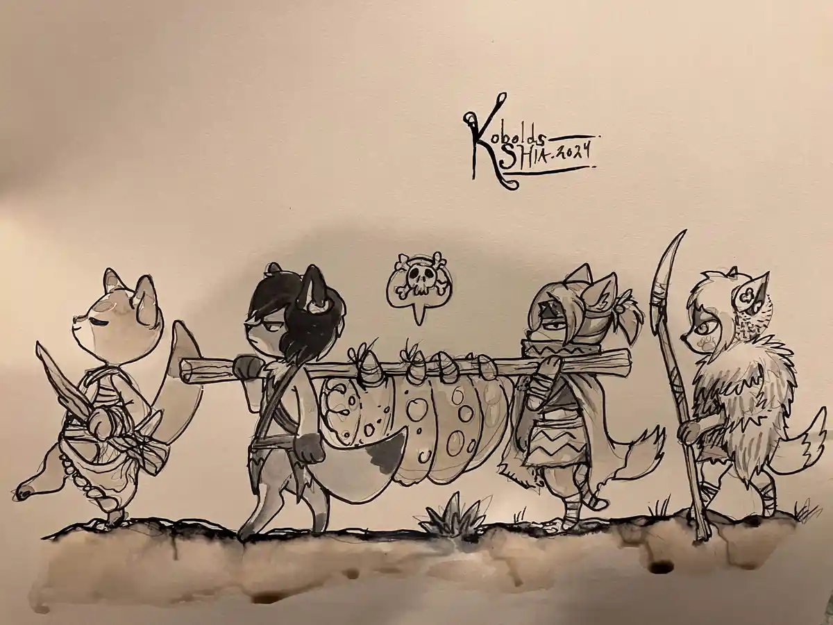 A black-and-white ink drawing shows four anthropomorphic cat-like kobolds carrying a large, spotted, slug-like creature on a…