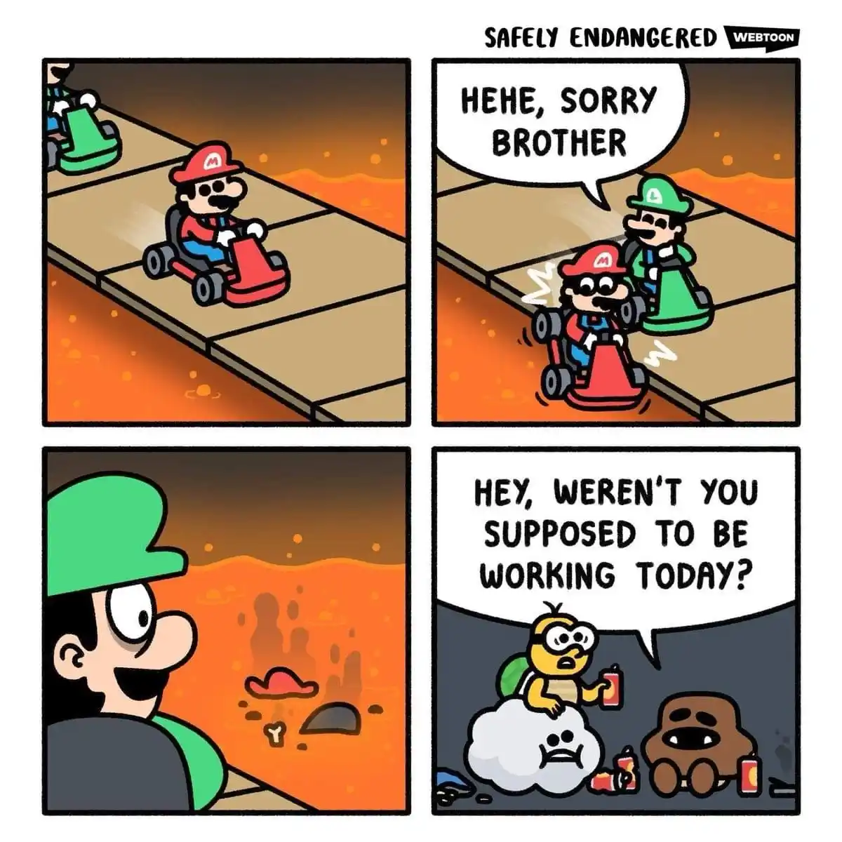 A four-panel comic strip from 'Safely Endangered' shows Mario and Luigi racing in go-karts over a lava pit. Luigi crashes…