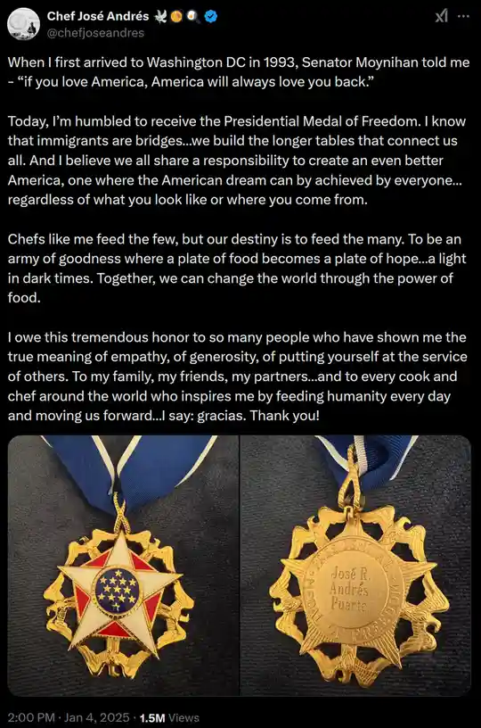 A screenshot of Chef José Andrés's social media post announcing he received the Presidential Medal of Freedom, featuring two…