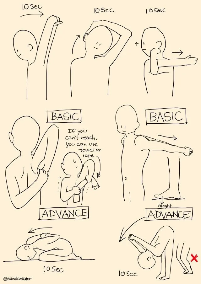 A hand-drawn instructional diagram shows six illustrated poses for stretching, each labeled with a 10-second duration. The…