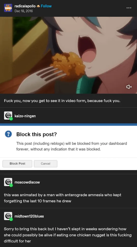 An anime-style character with dark hair and blue highlights is shown mid-bite, enthusiastically eating a golden-brown…