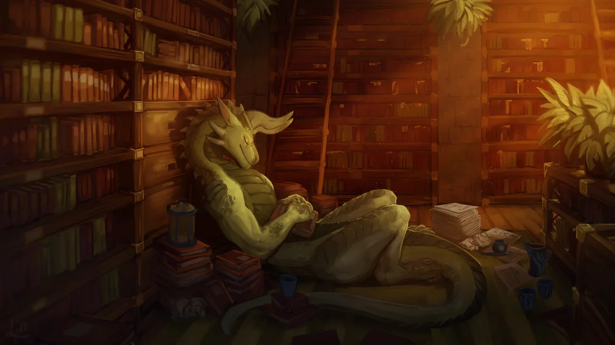 A green dragon with horns and a long tail is lounging comfortably on the floor of a warmly lit library, surrounded by…