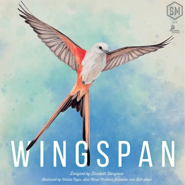 A watercolor illustration of a bird with outstretched wings against a blue-green sky, with the word 'WINGSPAN' in large…