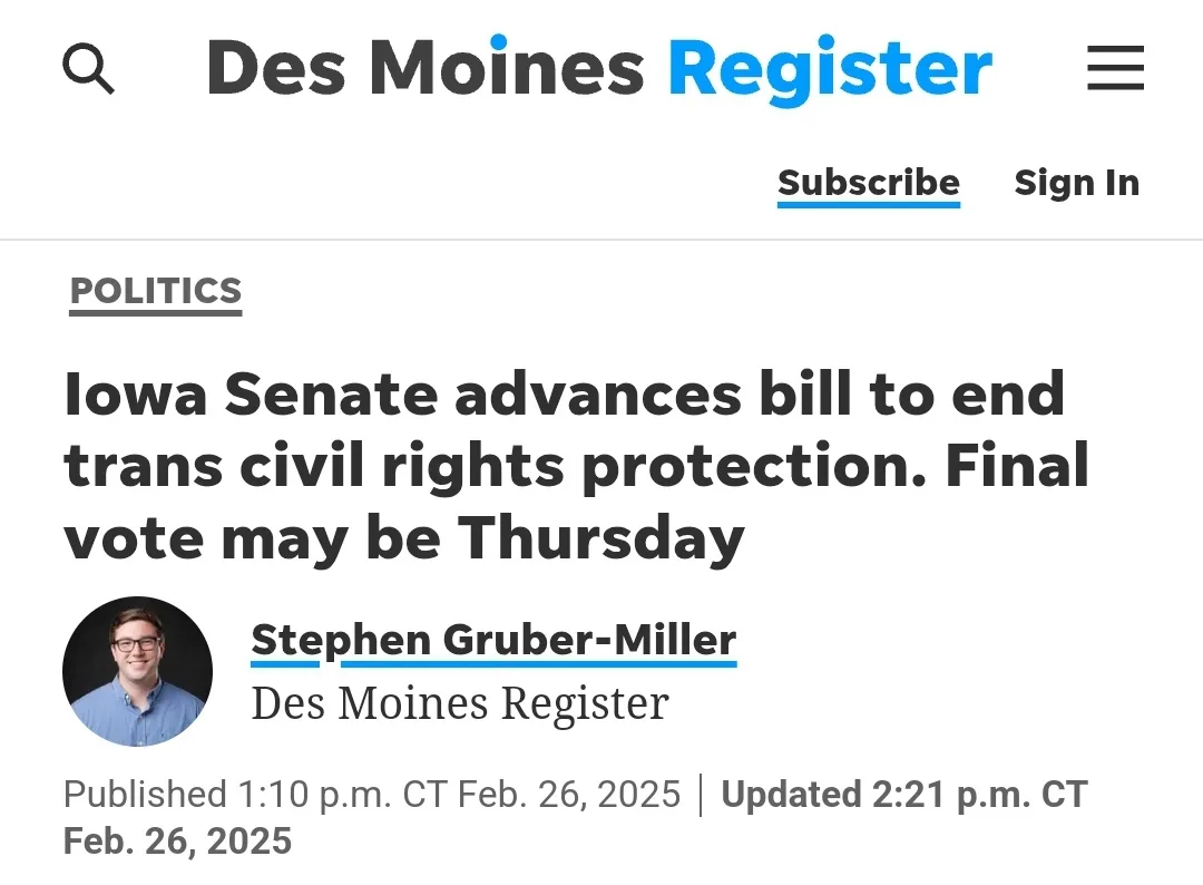 A screenshot of a Des Moines Register news article under the 'Politics' section, with the headline 'Iowa Senate advances…