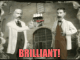 Six identical images show two men in white lab coats standing in front of a building with arched windows. The man on the…