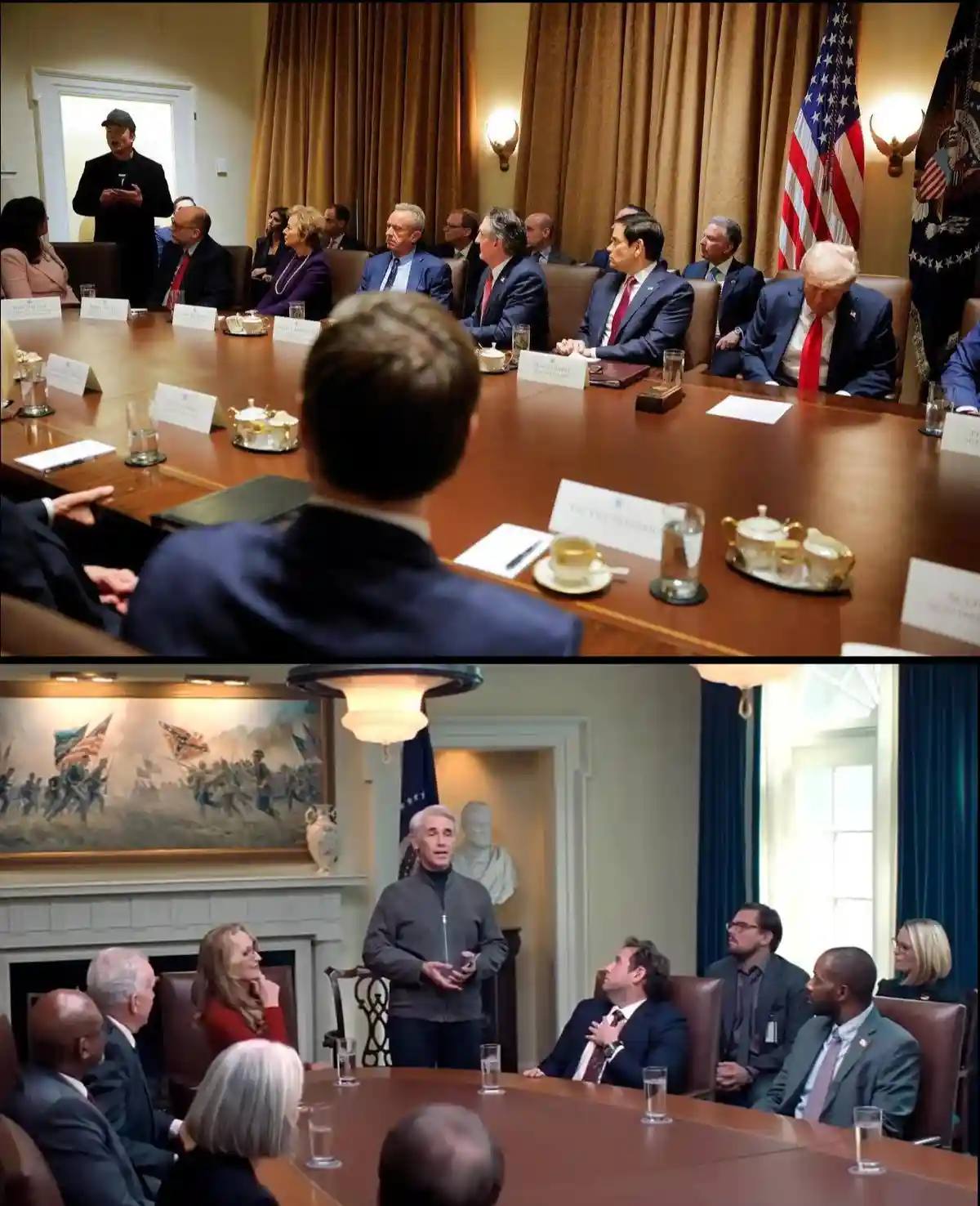 The image is a two-panel meme. The top panel shows a formal meeting in the Oval Office with Donald Trump seated at the…