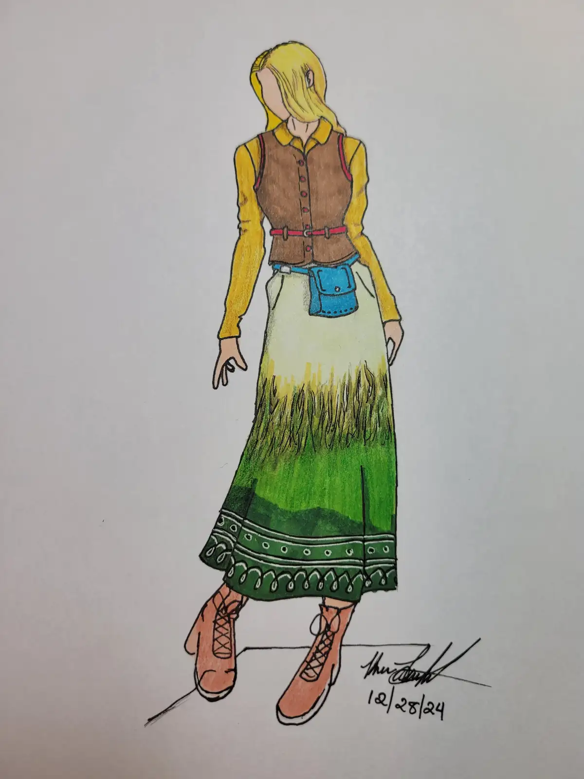 A hand-drawn fashion illustration of a blonde woman wearing a yellow shirt under a brown vest, a skirt that visually…