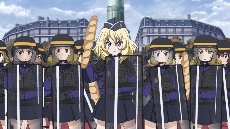 A three-panel anime meme showing a group of schoolgirls in uniform protesting with signs and holding large breadsticks. One…
