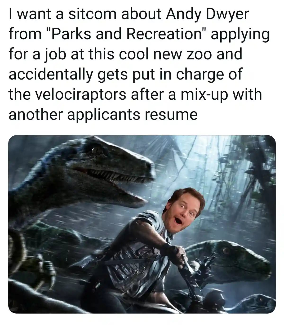 The image shows a man with a shocked expression riding a motorcycle while being surrounded by velociraptors in a jungle…
