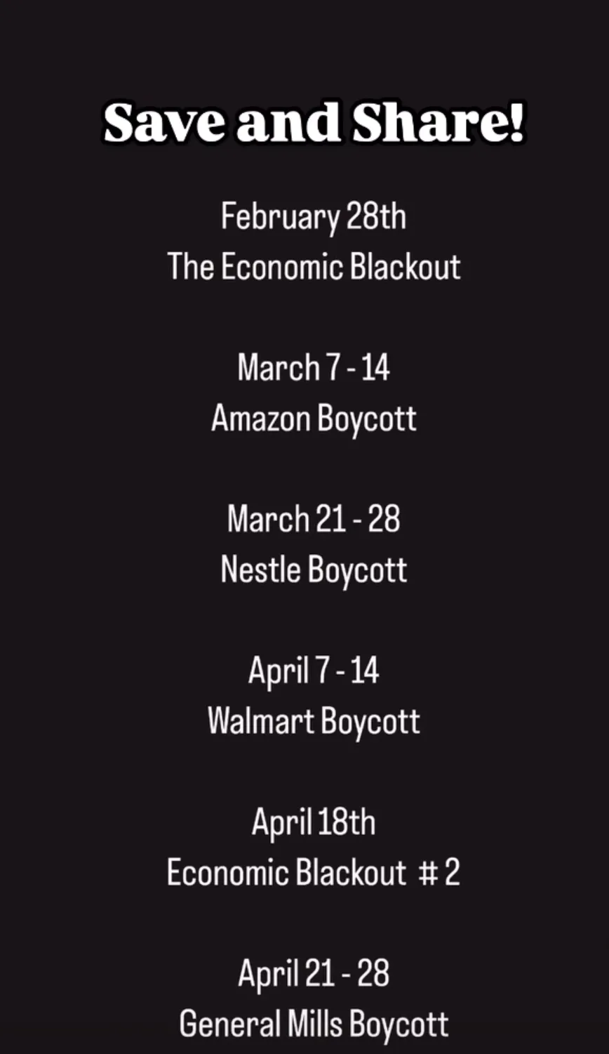 A black background with white text lists a series of scheduled boycotts and economic blackouts for specific dates in…
