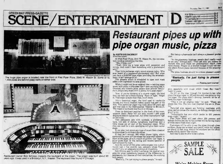 A 1981 newspaper clipping from the Green Bay Press-Gazette shows a restaurant called Pied Piper Pizza featuring a massive…