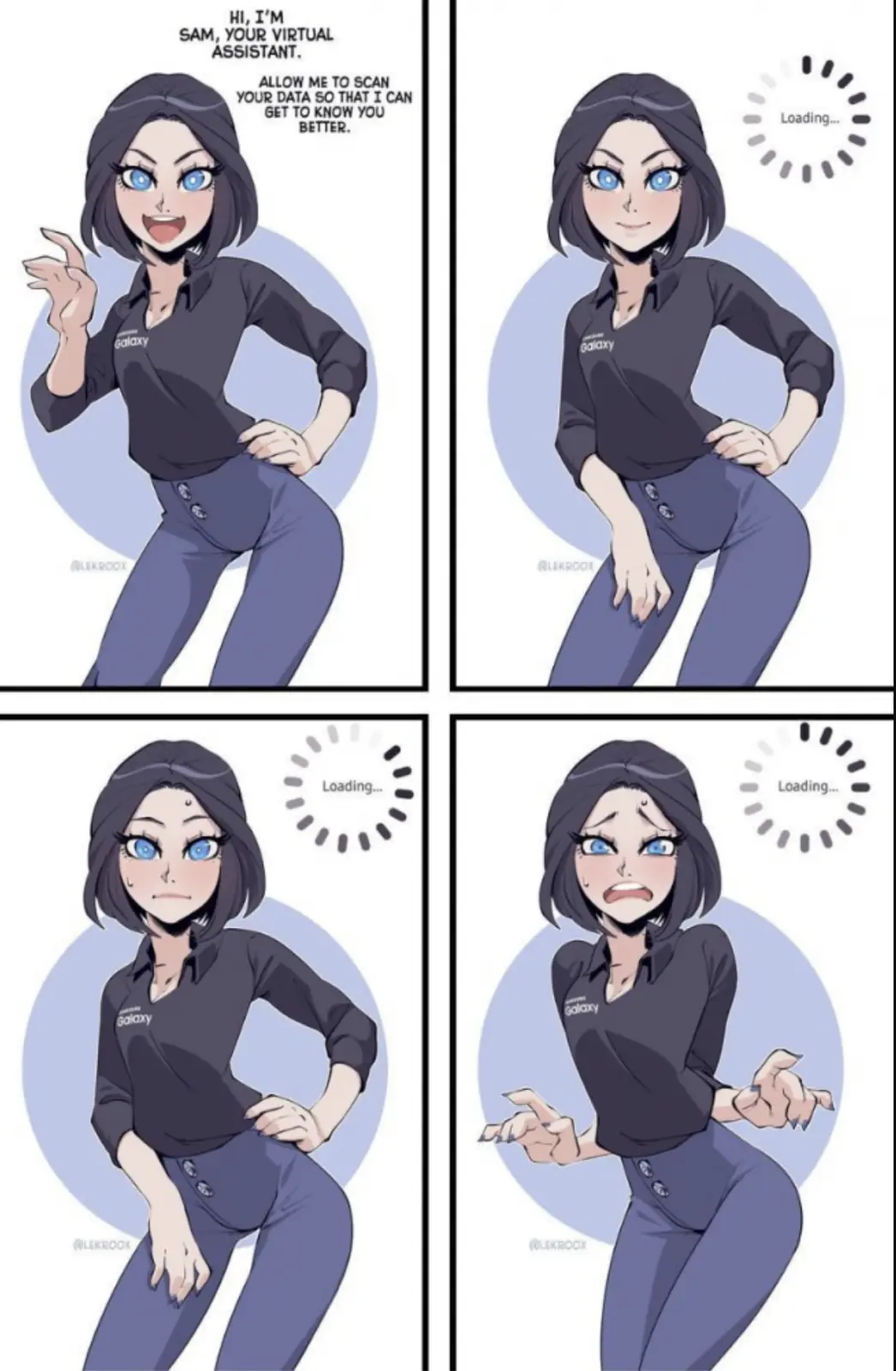 A four-panel comic shows a cheerful anime-style virtual assistant named Sam in a 'Galaxy' branded uniform. She starts…