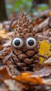 A pinecone is photographed outdoors among fallen autumn leaves, with two large, cartoonish googly eyes glued to its surface…