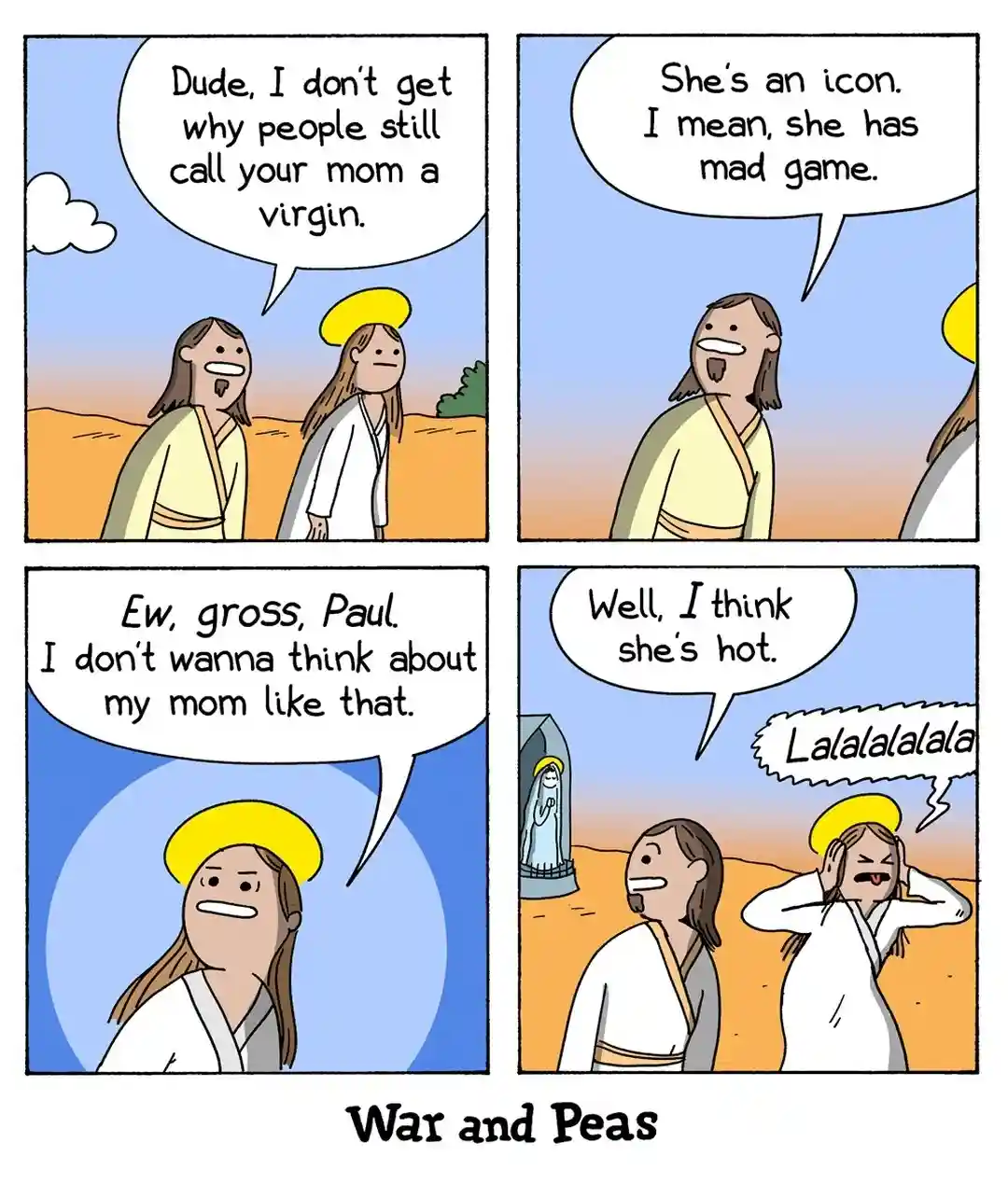 A four-panel comic strip featuring two cartoon figures resembling Jesus and Paul in a desert setting. In the first panel…
