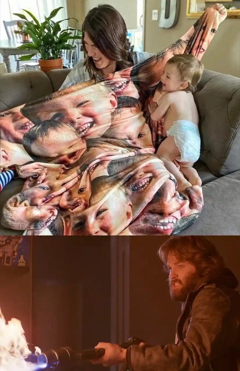 The top panel shows a woman and a toddler on a couch, wrapped in a blanket covered in photos of smiling children. The bottom…