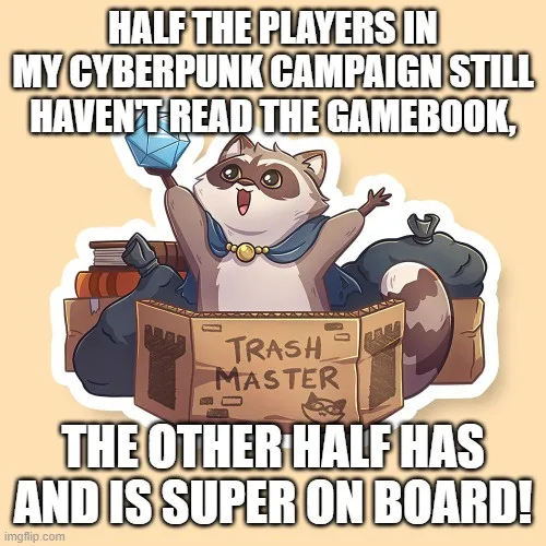An anthropomorphic raccoon wearing a blue cape and gold necklace stands triumphantly in a cardboard box labeled 'TRASH…