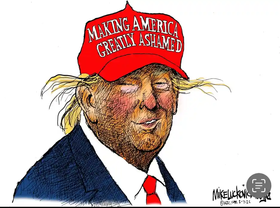A cartoon illustration of a man resembling Donald Trump wearing a red cap with the text 'MAKING AMERICA GREATLY ASHAMED'…