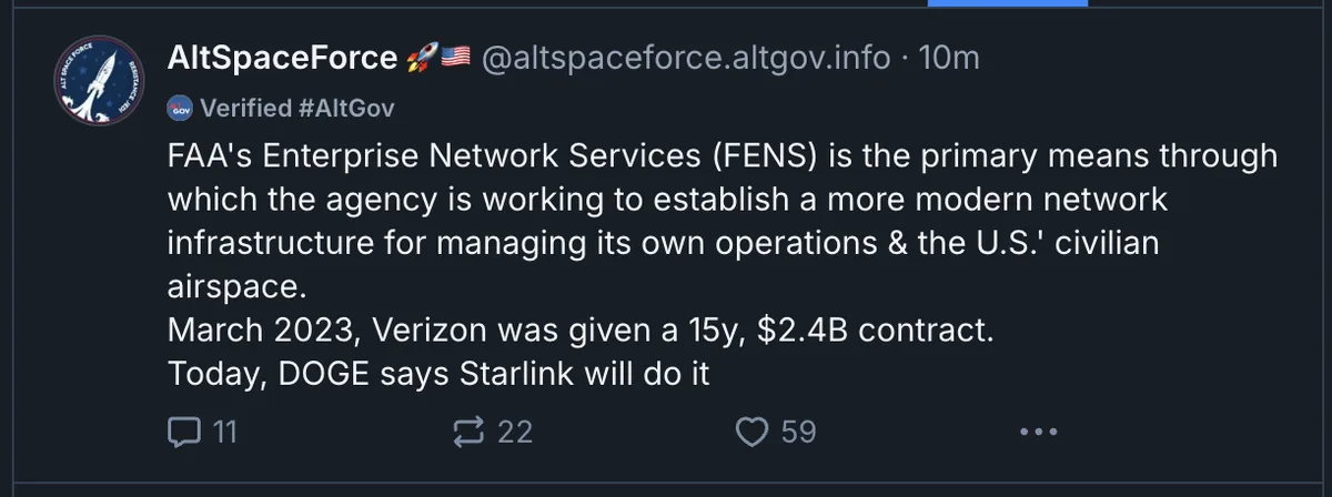 A screenshot of a tweet from the verified AltSpaceForce account detailing the FAA's Enterprise Network Services (FENS) and…