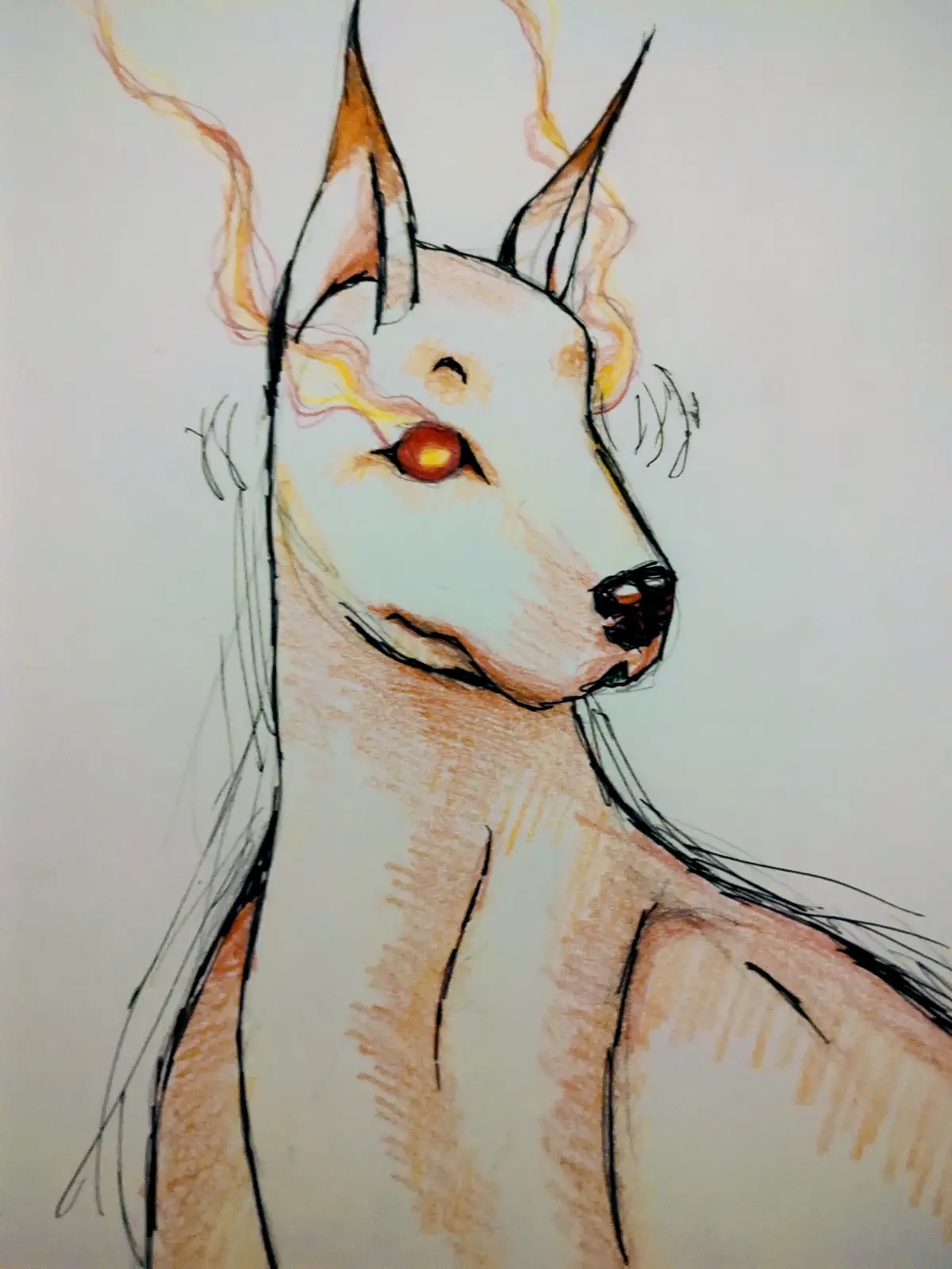 A hand-drawn illustration of a white canine-like creature with pointed ears, glowing orange eyes, and fiery orange-yellow…