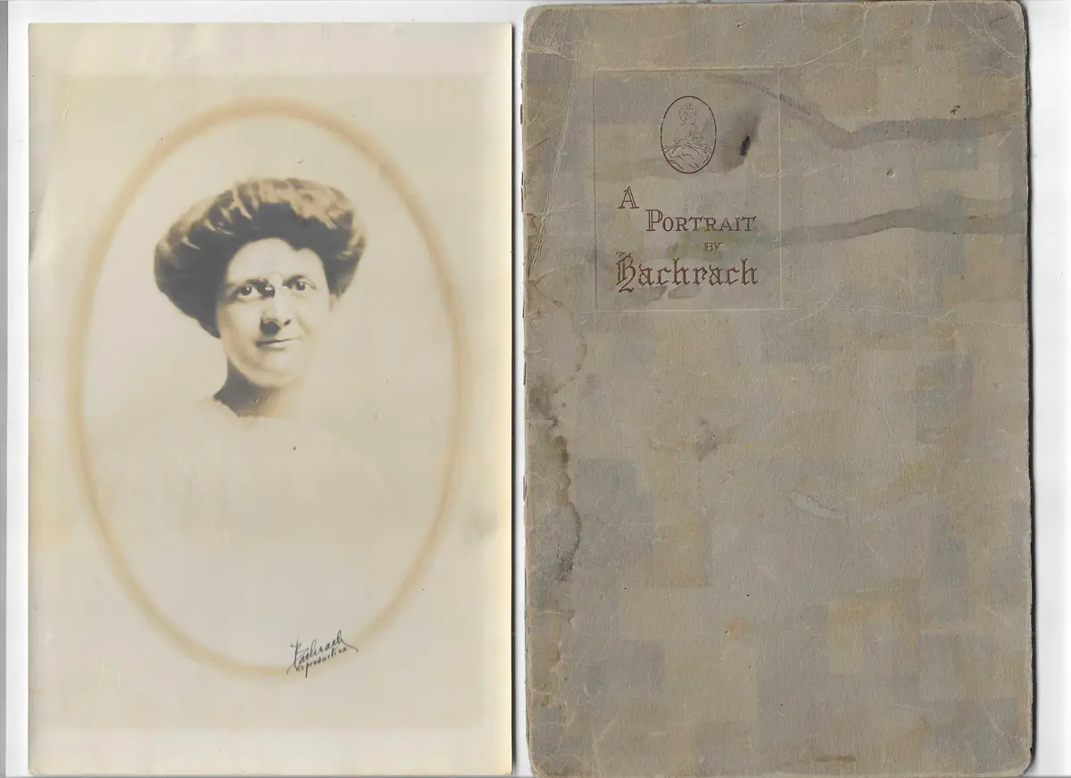 The image displays two vintage items side by side: on the left, a sepia-toned oval portrait photograph of a woman with…