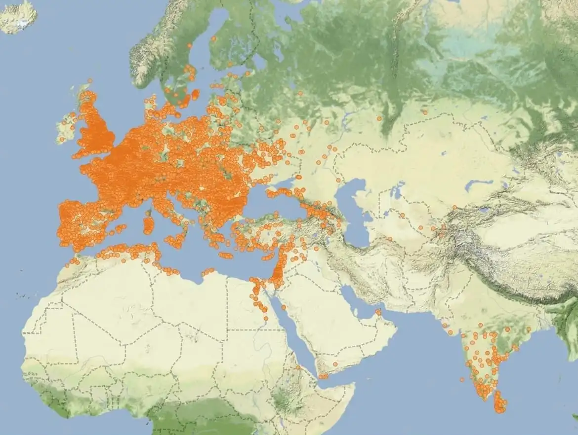 A map of europe, asia, and africa shows numerous orange dots concentrated heavily across europe, with fewer dots scattered…
