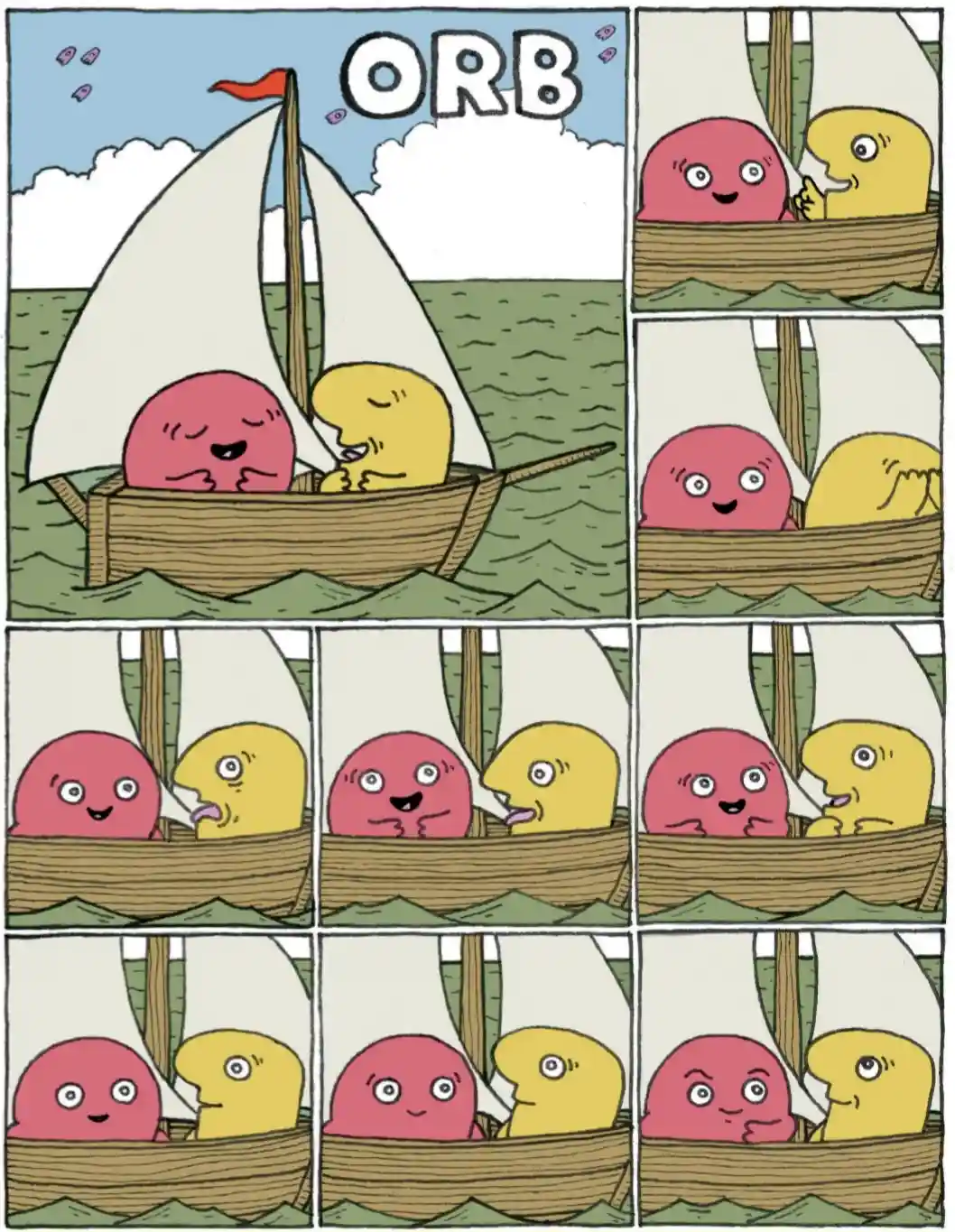 A comic strip featuring two round, cartoon characters, one pink and one yellow, in a small sailboat on the water. The pink…